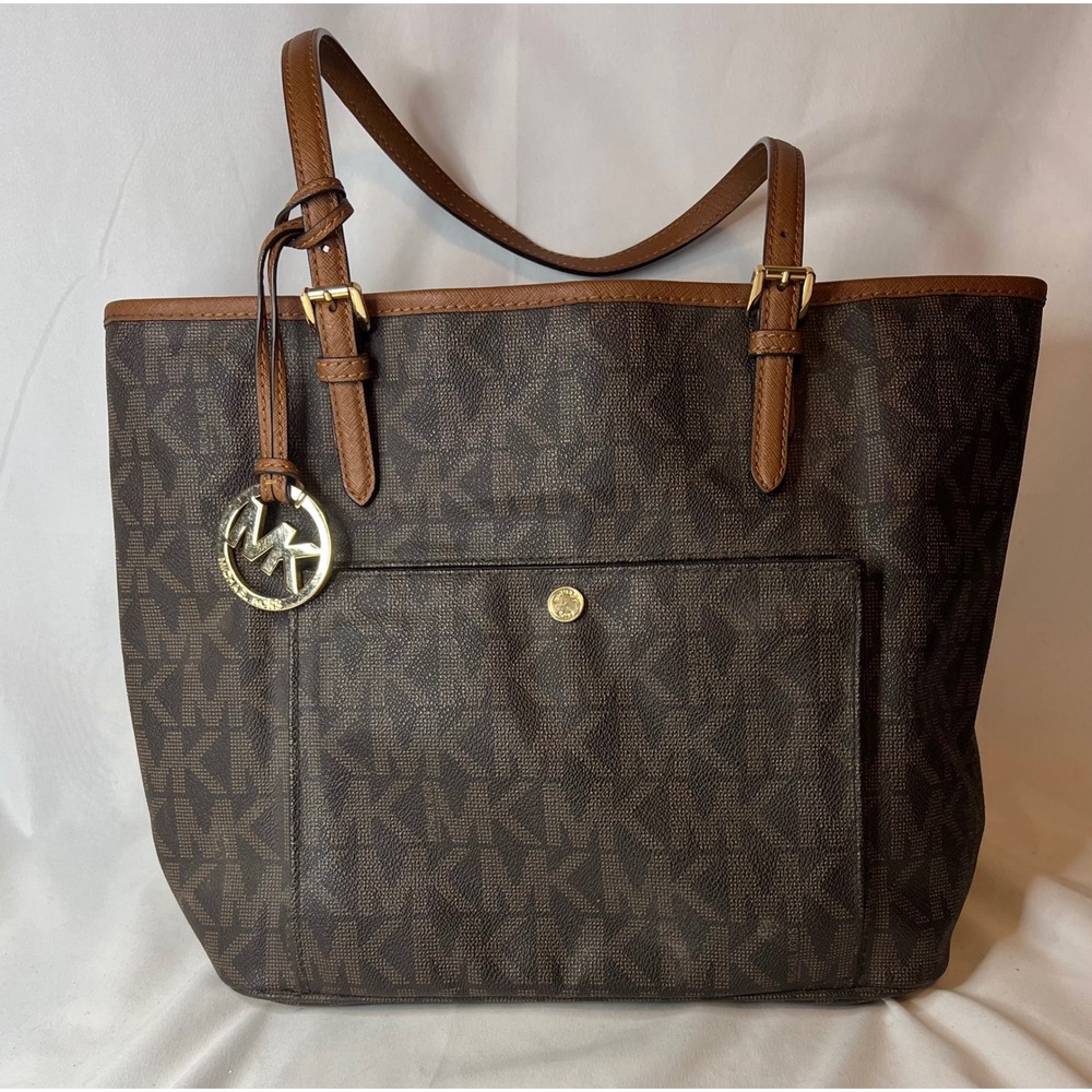 Michael Kors Signature Brown MK Logo Tote Shoulder Bag Gold Hardware Purse